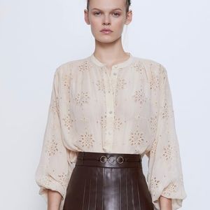 Zara embroidered openwork top blouse shirt eyelet